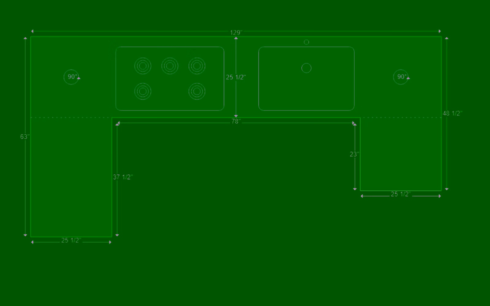 iCounterSoft countertop drawing with dimensions, sink and cooktop cutouts