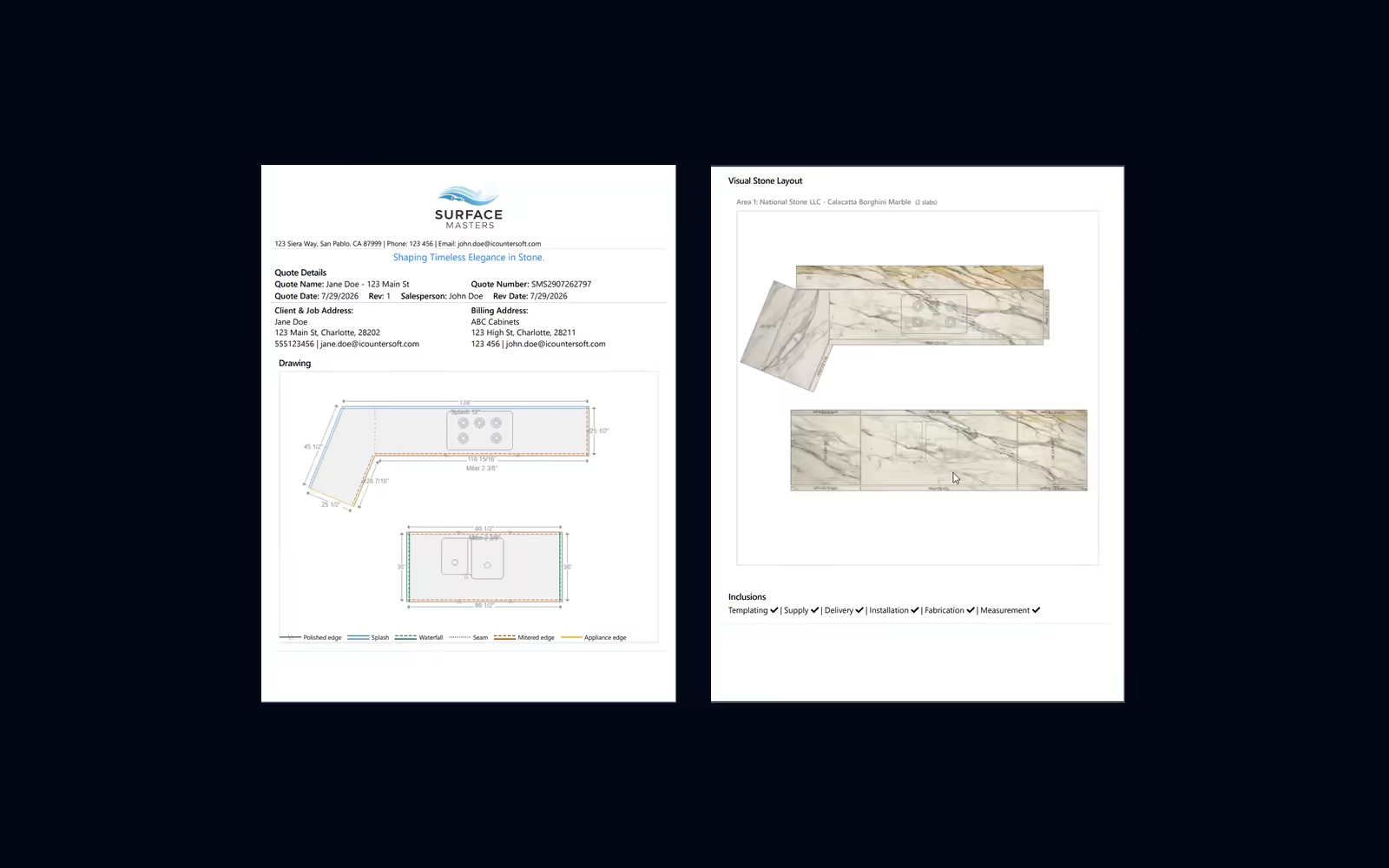 An iCounterSoft quote document with the countertop drawing and slab layout