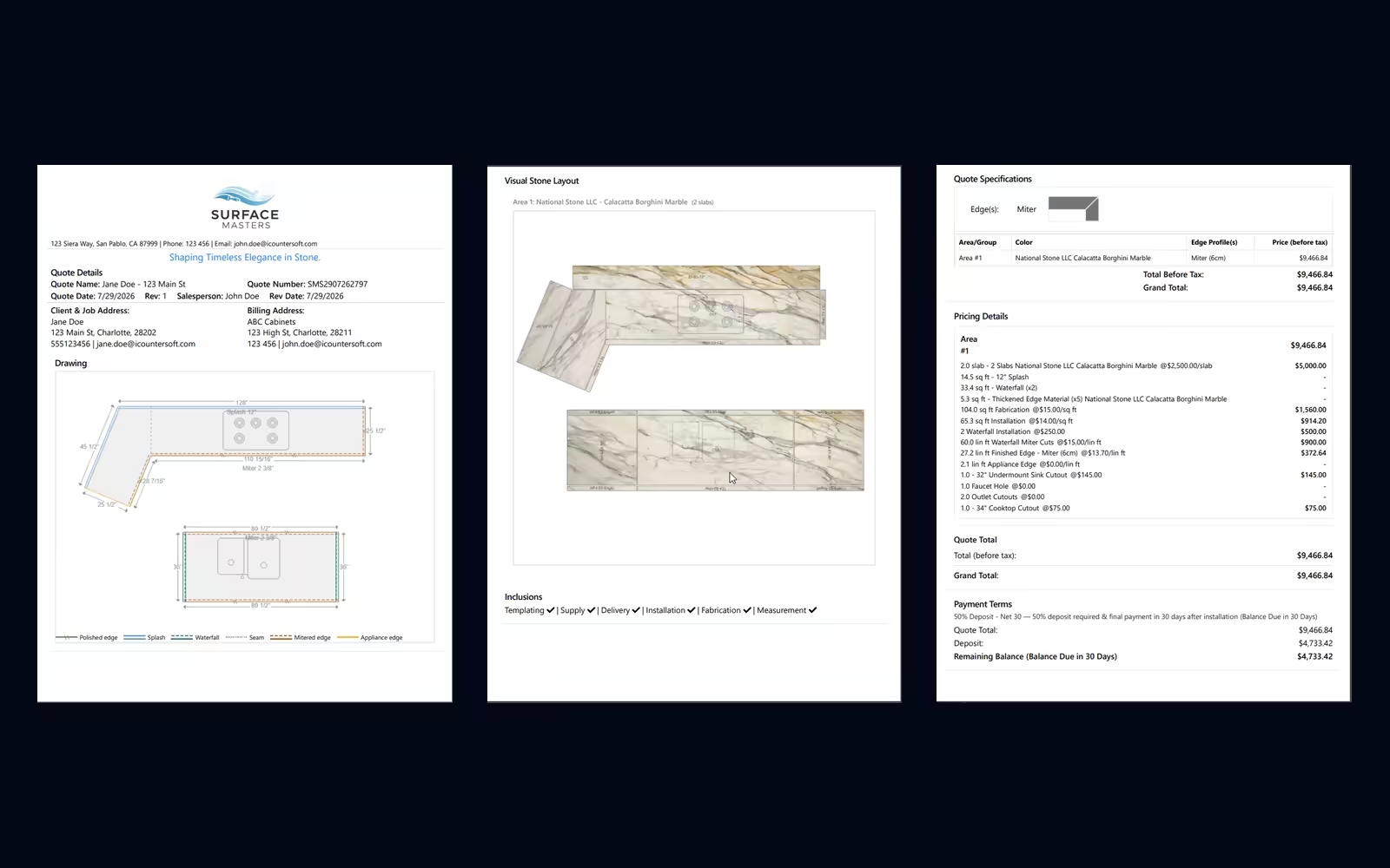 An iCounterSoft quote document with the countertop drawing, slab layout, and priced breakdown