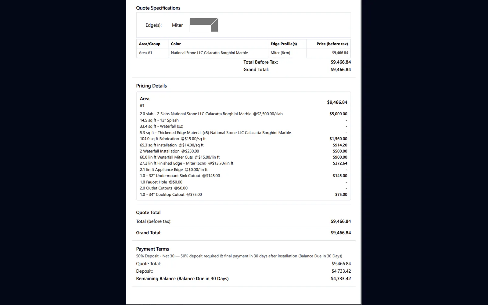 Ejemplo de un documento de presupuesto en iCounterSoft.