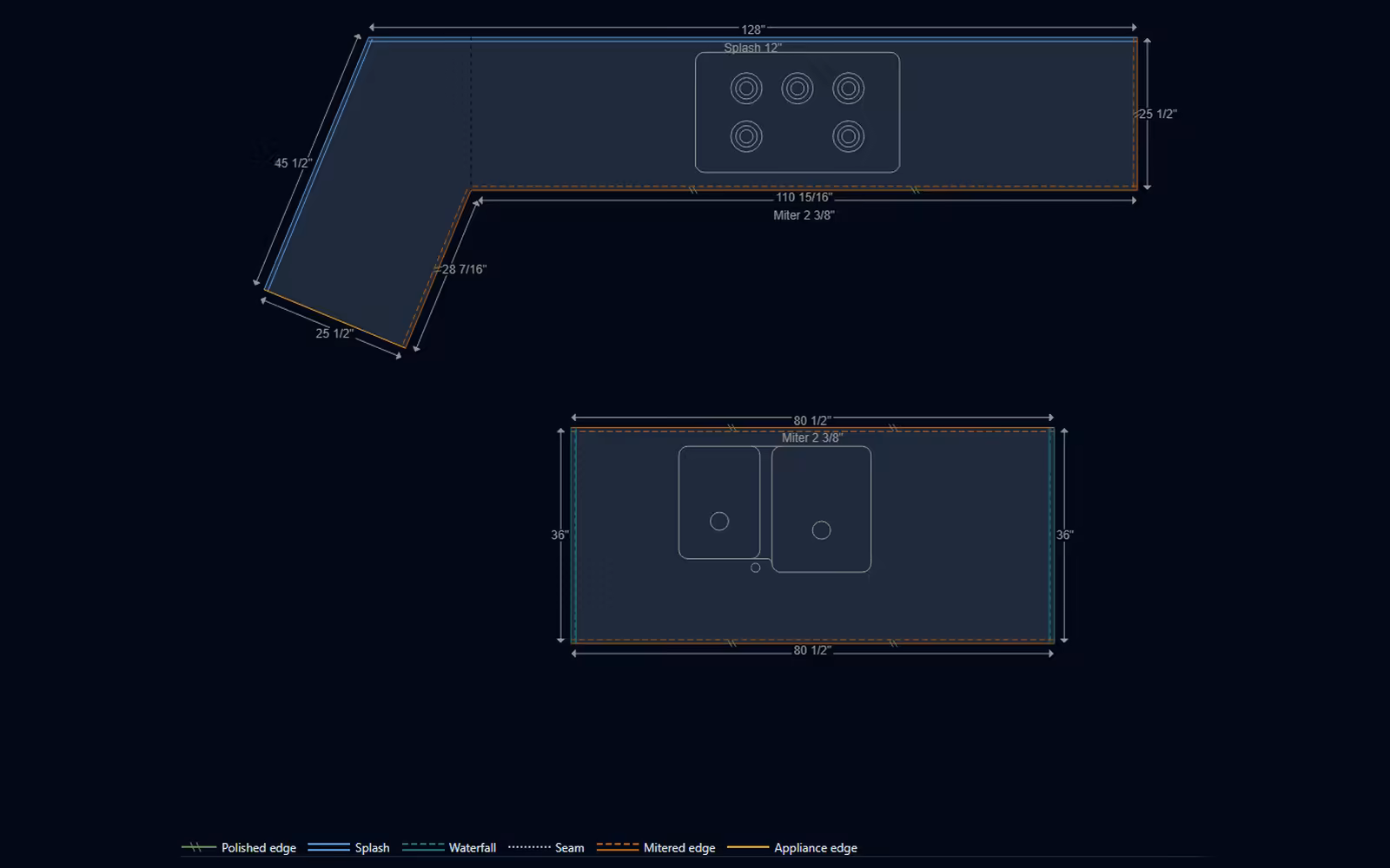 iCounterSoft drawing showing countertop dimensions, cutouts, splashes and edge selections