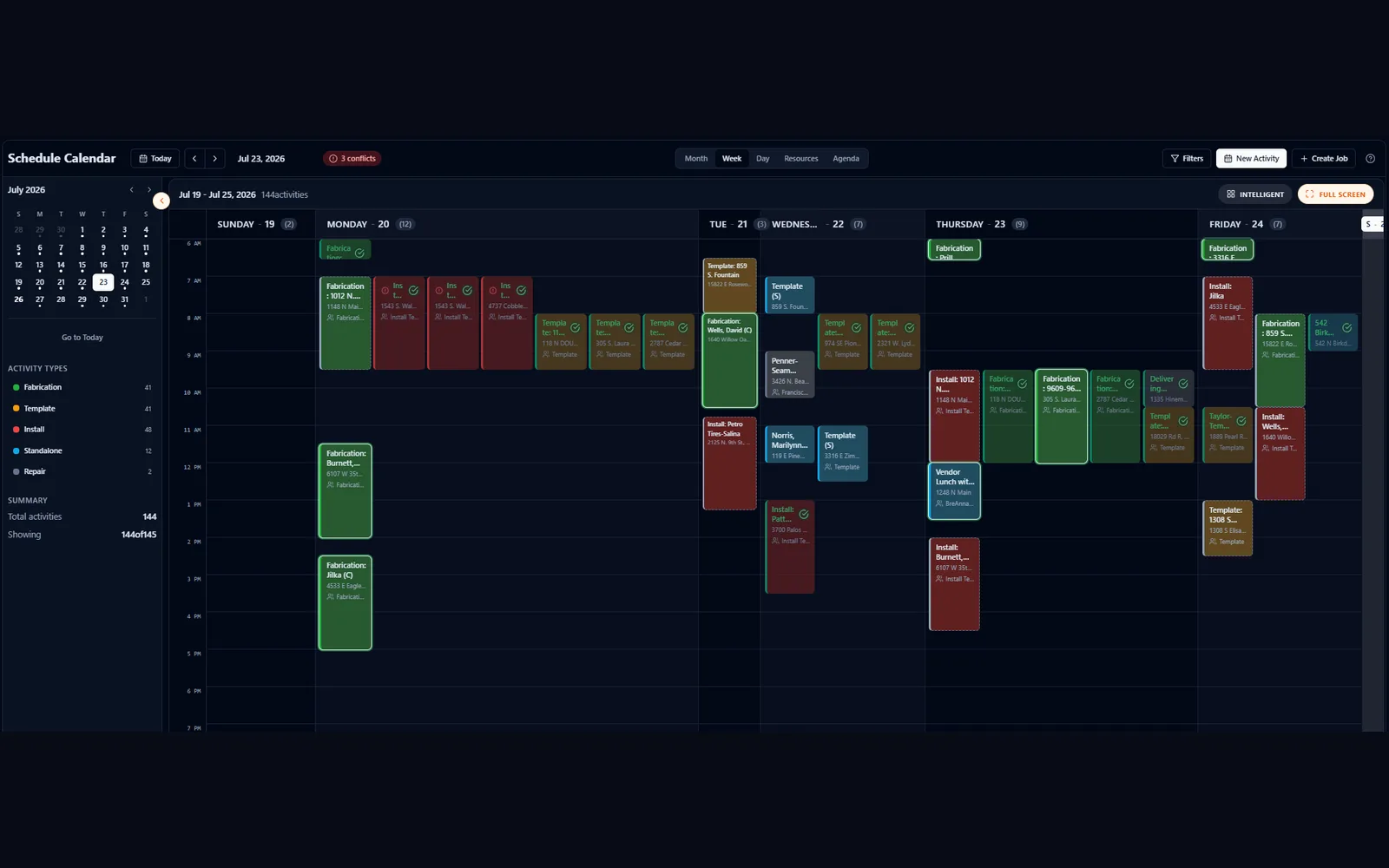 Wochenkalender in iCounterSoft mit farblich markierten Terminen für Arbeitsplatten.